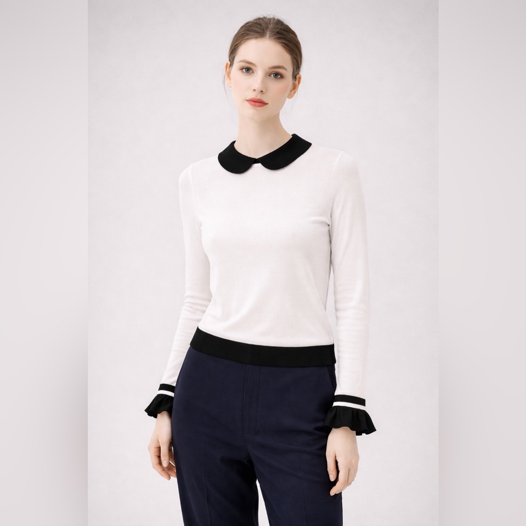 Alice + Olivia Justina Contrast Collar Bow Sweater Xs Romantic Preppy Knit